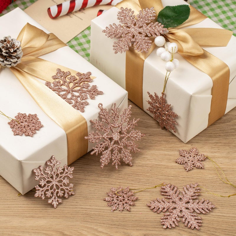 Fessary 48pcs Rose Gold Plastic Snowflake Decorations Christmas Tree Ornaments Glitter Snow Flakes Ornaments Christmas Indoor Winter Wonderland Decor?3 Sizes? 3Styles - Image 3